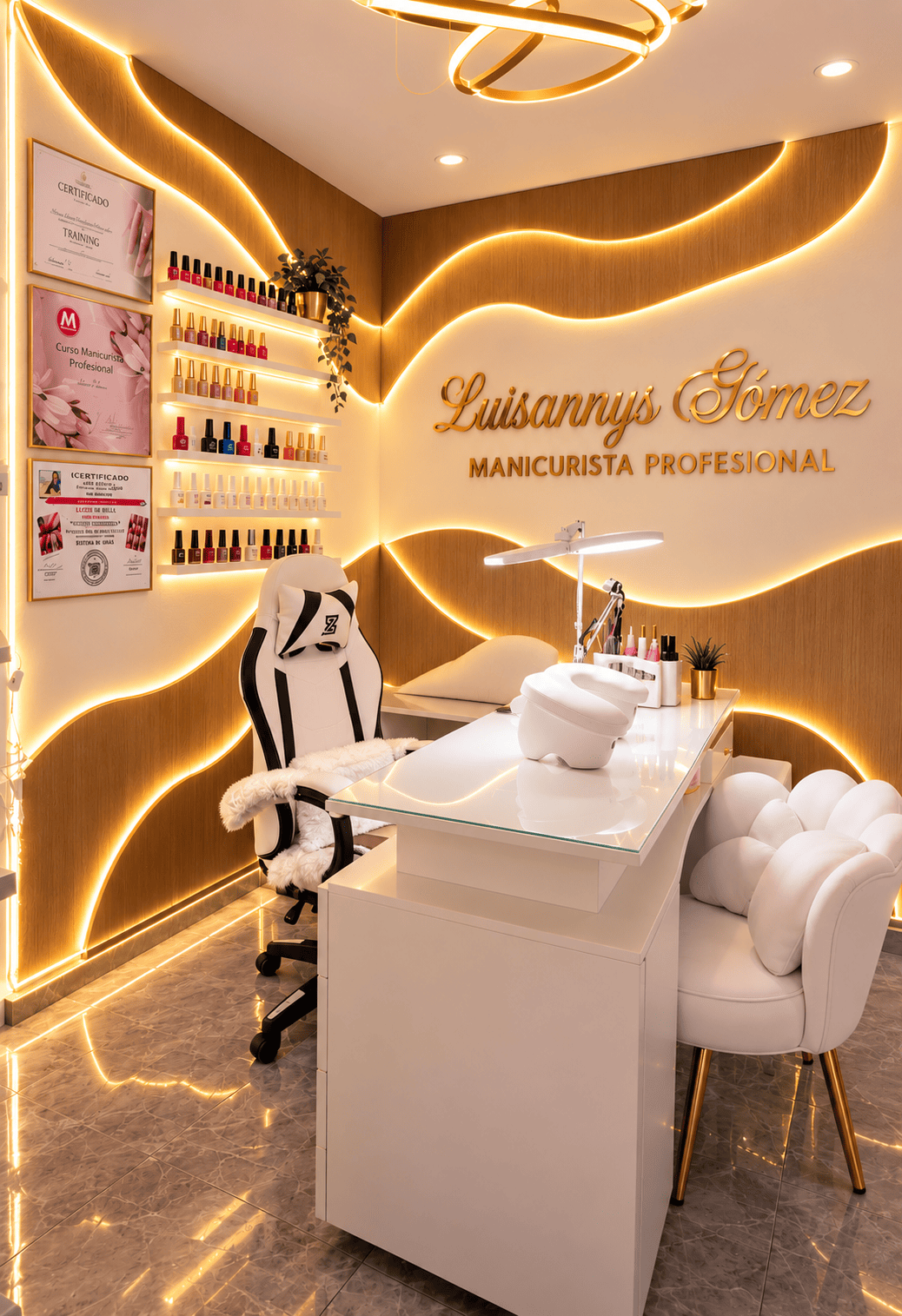 Tocador con neón y logo Luisannys Gómez Manicurista Profesional en el salón