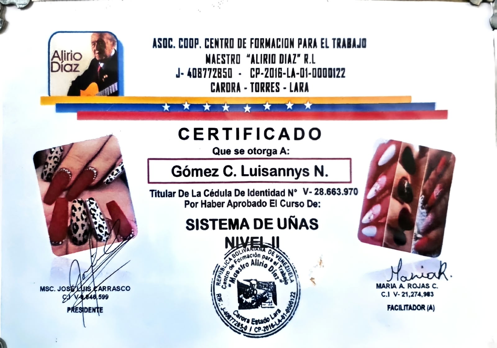 Certificado Sistema de Uñas Nivel II otorgado a Gómez C. Luisannys N. por el Centro Alirio Díaz