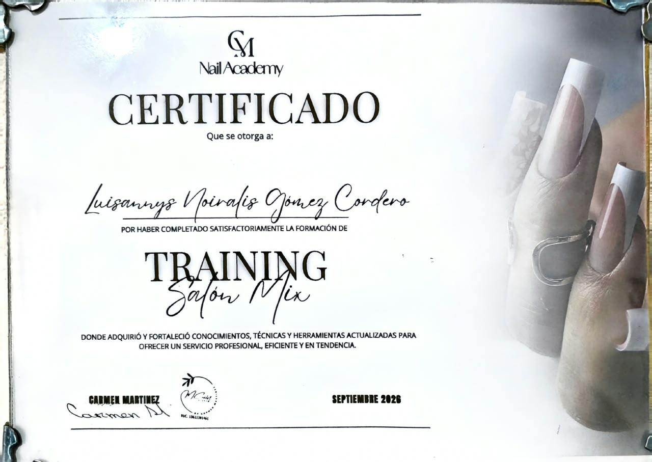 Certificado Training Salón Mix Nail Academy otorgado a Luisannys Noiralis Gómez Cordero